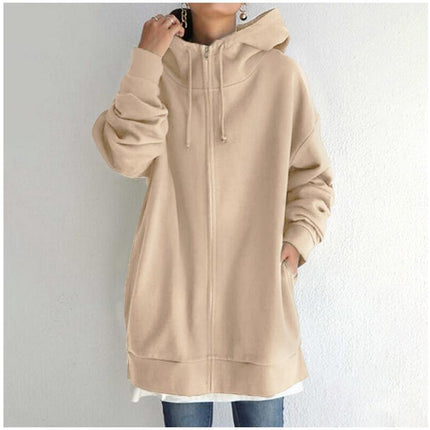 Women's Zipper Long Hoodie Casual Fleece Comfortable Fall Hooded Sweatshirt Long Sleeve with Pockets Oversized Jacket