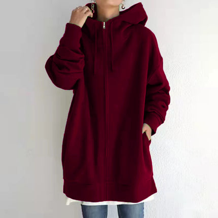 Women's Zipper Long Hoodie Casual Fleece Comfortable Fall Hooded Sweatshirt Long Sleeve with Pockets Oversized Jacket