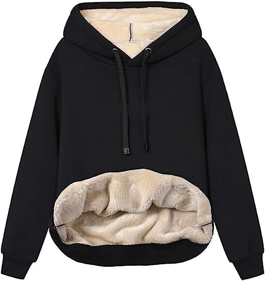 Women's Winter Thick Warm Padded Lined Drawstring Hooded Sweatshirt with Pocket Pullover Top Women's Hooded Sweatshirt