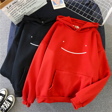 Fleece Sweatshirt Women's Fashion Kawaii Smiley Face Print Long Sleeve Hooded Padded Sweatshirt Pullover Hoodie Couple Sweatshirt