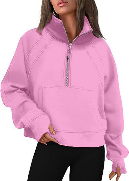 Women's Sweatshirt Fleece Half Zipper Stand Collar Pullover Sweatshirt Casual Long Sleeve Athletic Stand Collar Top Thumbhole