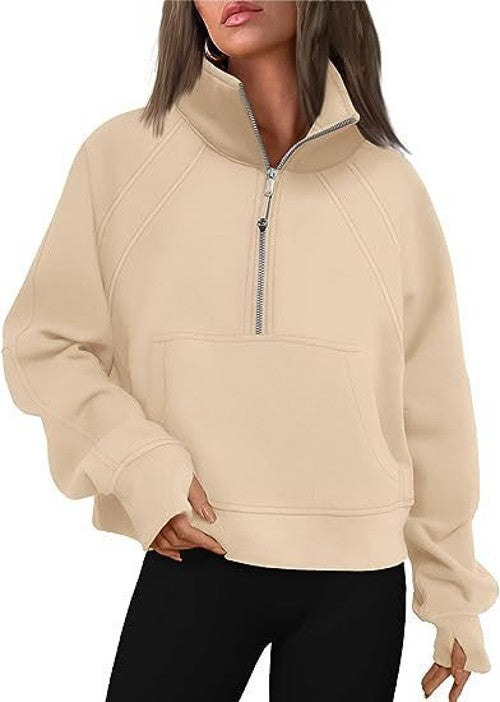 Women's Sweatshirt Fleece Half Zipper Stand Collar Pullover Sweatshirt Casual Long Sleeve Athletic Stand Collar Top Thumbhole
