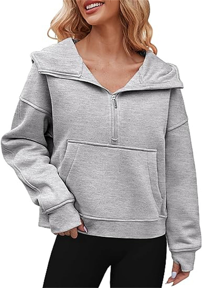 Women's wool lined collar thickened hoodie long-sleeved half-zip pullover loose sports hooded sweater