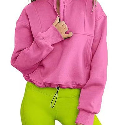Women's solid color stand-up collar half-zip hem drawstring casual padded sweater autumn ladies sweatshirt