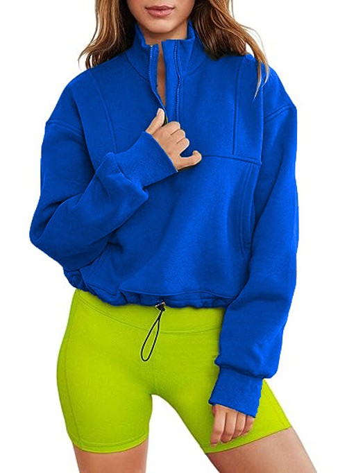Women's solid color stand-up collar half-zip hem drawstring casual padded sweater autumn ladies sweatshirt