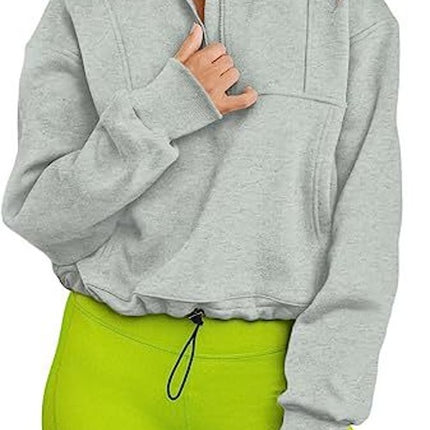 Women's solid color stand-up collar half-zip hem drawstring casual padded sweater autumn ladies sweatshirt