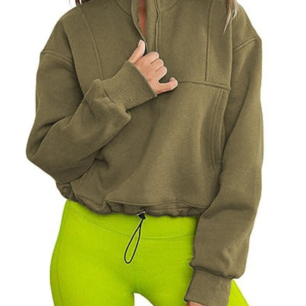 Women's solid color stand-up collar half-zip hem drawstring casual padded sweater autumn ladies sweatshirt