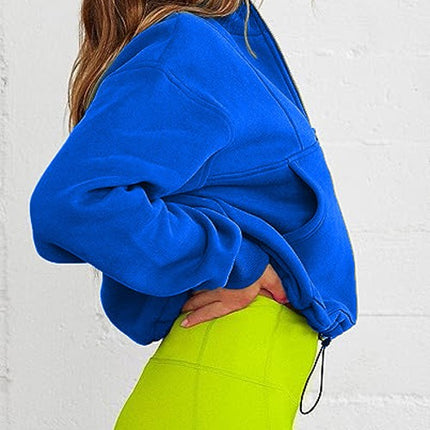 Women's solid color stand-up collar half-zip hem drawstring casual padded sweater autumn ladies sweatshirt