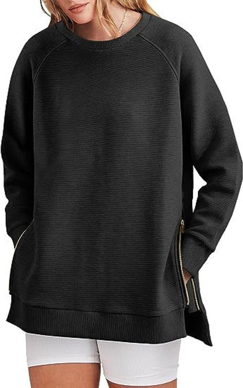 Women's Sweatshirt Solid Color Round Neck Pullover Loose Long Sleeve Pullover Soft Casual Side Zipper Hem Women's Top