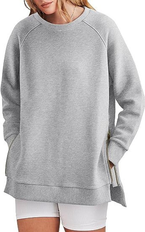 Women's Sweatshirt Solid Color Round Neck Pullover Loose Long Sleeve Pullover Soft Casual Side Zipper Hem Women's Top