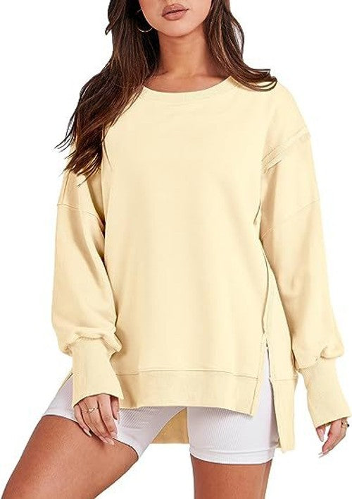 Solid Color Round Neck Pullover Long Sleeve Front Short Back Split Dress Midi Women Shirt Fitness Top