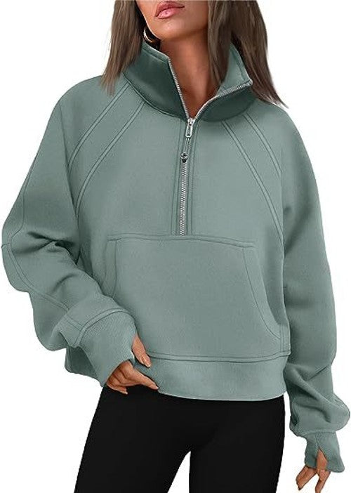 Women's Sweatshirts Fleece Lined Half Zipper Crop Pullover Tops Funnel Neck Long Sleeve Sweater Thumb Hole