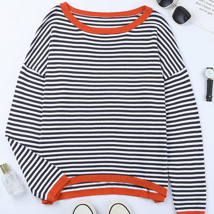 Women's Striped Long Sleeve Knit Sweater Round Neck Color Blocking Drop Shoulder Pullover Sweater Fall Winter Casual Pullover Top