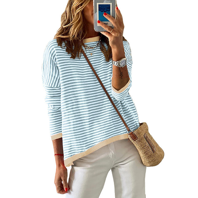 Women's Striped Long Sleeve Knit Sweater Round Neck Color Blocking Drop Shoulder Pullover Sweater Fall Winter Casual Pullover Top