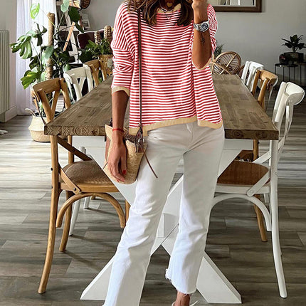 Women's Striped Long Sleeve Knit Sweater Round Neck Color Blocking Drop Shoulder Pullover Sweater Fall Winter Casual Pullover Top