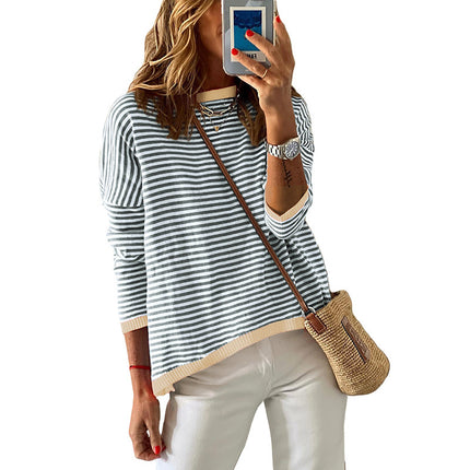 Women's Striped Long Sleeve Knit Sweater Round Neck Color Blocking Drop Shoulder Pullover Sweater Fall Winter Casual Pullover Top