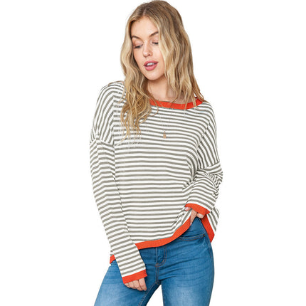 Women's Striped Long Sleeve Knit Sweater Round Neck Color Blocking Drop Shoulder Pullover Sweater Fall Winter Casual Pullover Top