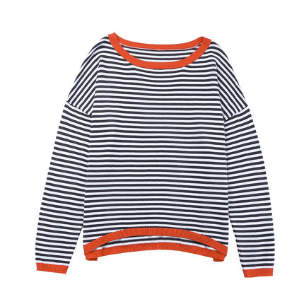 Women's Striped Long Sleeve Knit Sweater Round Neck Color Blocking Drop Shoulder Pullover Sweater Fall Winter Casual Pullover Top