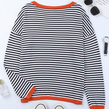 Women's Striped Long Sleeve Knit Sweater Round Neck Color Blocking Drop Shoulder Pullover Sweater Fall Winter Casual Pullover Top
