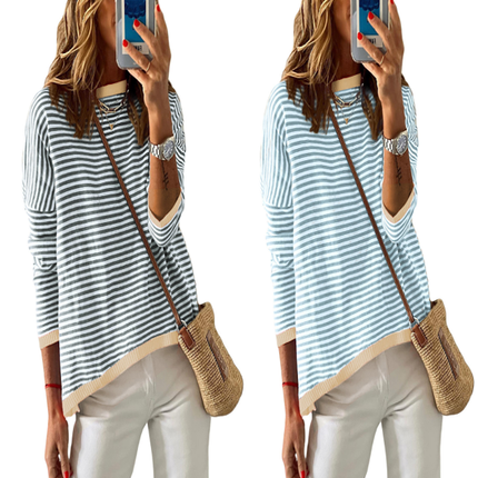 Women's Striped Long Sleeve Knit Sweater Round Neck Color Blocking Drop Shoulder Pullover Sweater Fall Winter Casual Pullover Top