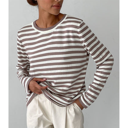 Crew Neck Sweaters for Women Striped Sweater Long Sleeve Lightweight Pullover Knit Tops for Spring Fall