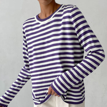 Crew Neck Sweaters for Women Striped Sweater Long Sleeve Lightweight Pullover Knit Tops for Spring Fall