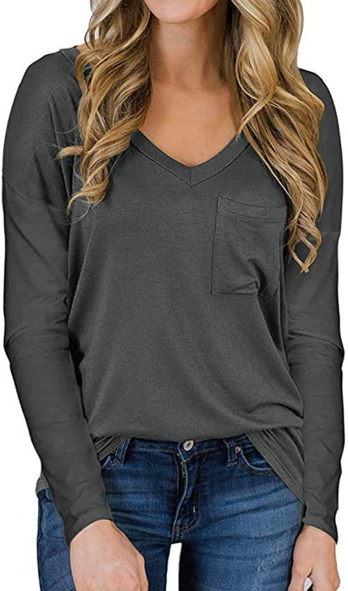 Women's fashion casual solid color V-neck loose casual long-sleeved pocket T-shirt long-sleeved T-shirt