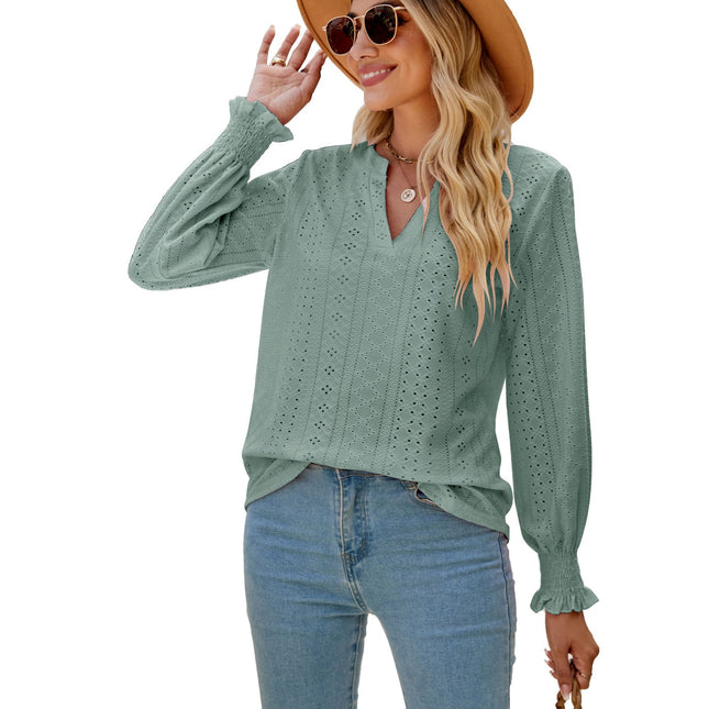 Solid color hollowed out pleated ruffle long-sleeved shirt casual ruffles loose V-neck long-sleeved big yards ladies blouse