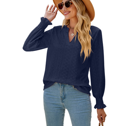 Solid color hollowed out pleated ruffle long-sleeved shirt casual ruffles loose V-neck long-sleeved big yards ladies blouse