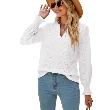 Solid color hollowed out pleated ruffle long-sleeved shirt casual ruffles loose V-neck long-sleeved big yards ladies blouse
