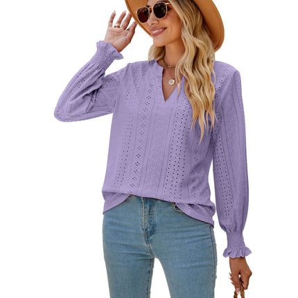 Solid color hollowed out pleated ruffle long-sleeved shirt casual ruffles loose V-neck long-sleeved big yards ladies blouse