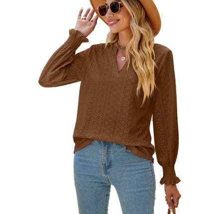 Solid color hollowed out pleated ruffle long-sleeved shirt casual ruffles loose V-neck long-sleeved big yards ladies blouse