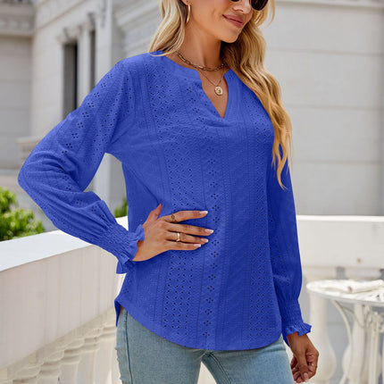 Solid color hollowed out pleated ruffle long-sleeved shirt casual ruffles loose V-neck long-sleeved big yards ladies blouse