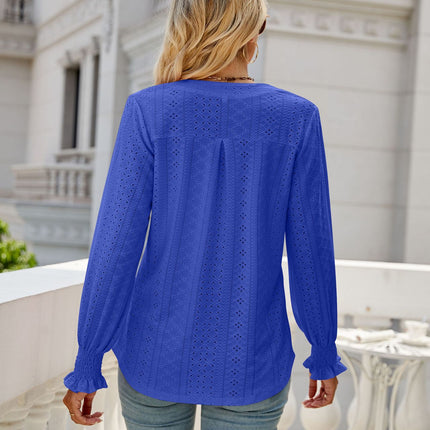 Solid color hollowed out pleated ruffle long-sleeved shirt casual ruffles loose V-neck long-sleeved big yards ladies blouse