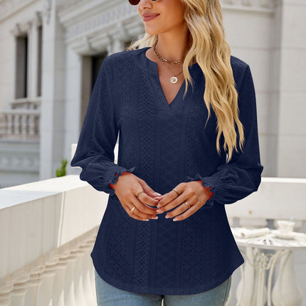 Solid color hollowed out pleated ruffle long-sleeved shirt casual ruffles loose V-neck long-sleeved big yards ladies blouse