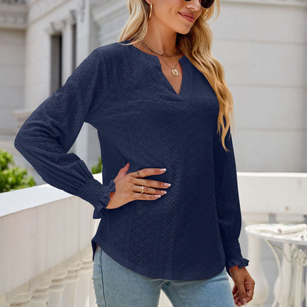 Solid color hollowed out pleated ruffle long-sleeved shirt casual ruffles loose V-neck long-sleeved big yards ladies blouse