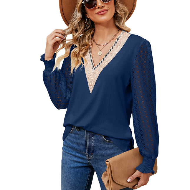 Women's Solid Color Lace Splicing V Neck Long Sleeve Loose T Shirt Top Casual Long Sleeve Shirt Basic Tops