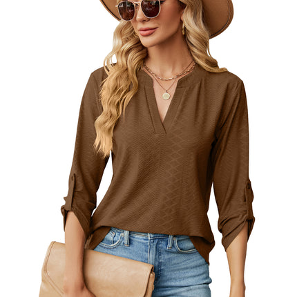 Women's solid color V-neck jacquard buttons seven-minute sleeve T-shirt autumn outwear sweater shirt loose fashion tops