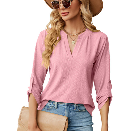 Women's solid color V-neck jacquard buttons seven-minute sleeve T-shirt autumn outwear sweater shirt loose fashion tops