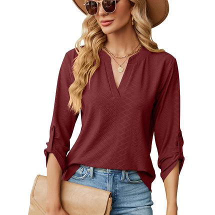 Women's solid color V-neck jacquard buttons seven-minute sleeve T-shirt autumn outwear sweater shirt loose fashion tops