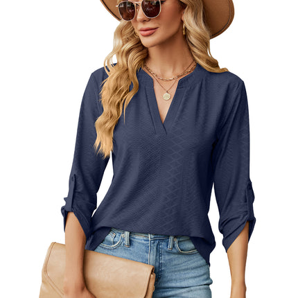 Women's solid color V-neck jacquard buttons seven-minute sleeve T-shirt autumn outwear sweater shirt loose fashion tops