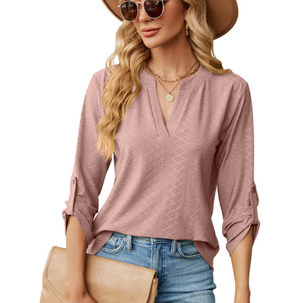 Women's solid color V-neck jacquard buttons seven-minute sleeve T-shirt autumn outwear sweater shirt loose fashion tops
