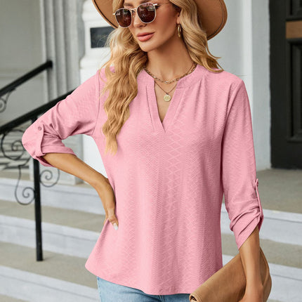 Women's solid color V-neck jacquard buttons seven-minute sleeve T-shirt autumn outwear sweater shirt loose fashion tops