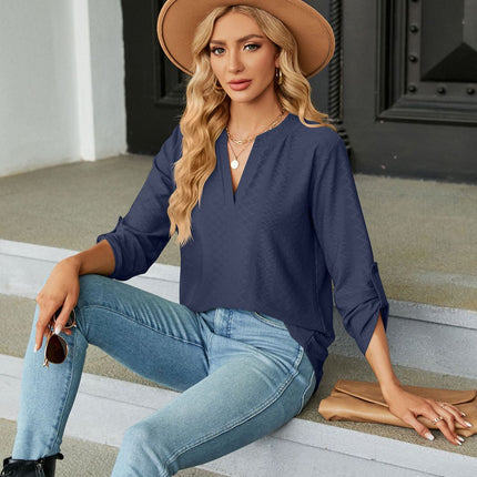 Women's solid color V-neck jacquard buttons seven-minute sleeve T-shirt autumn outwear sweater shirt loose fashion tops