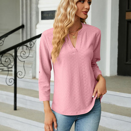 Women's solid color V-neck jacquard buttons seven-minute sleeve T-shirt autumn outwear sweater shirt loose fashion tops