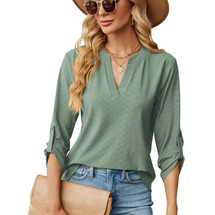 Women's solid color V-neck jacquard buttons seven-minute sleeve T-shirt autumn outwear sweater shirt loose fashion tops