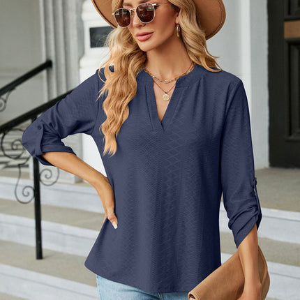 Women's solid color V-neck jacquard buttons seven-minute sleeve T-shirt autumn outwear sweater shirt loose fashion tops