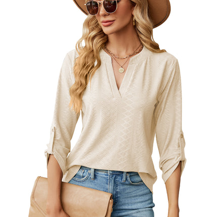 Women's solid color V-neck jacquard buttons seven-minute sleeve T-shirt autumn outwear sweater shirt loose fashion tops