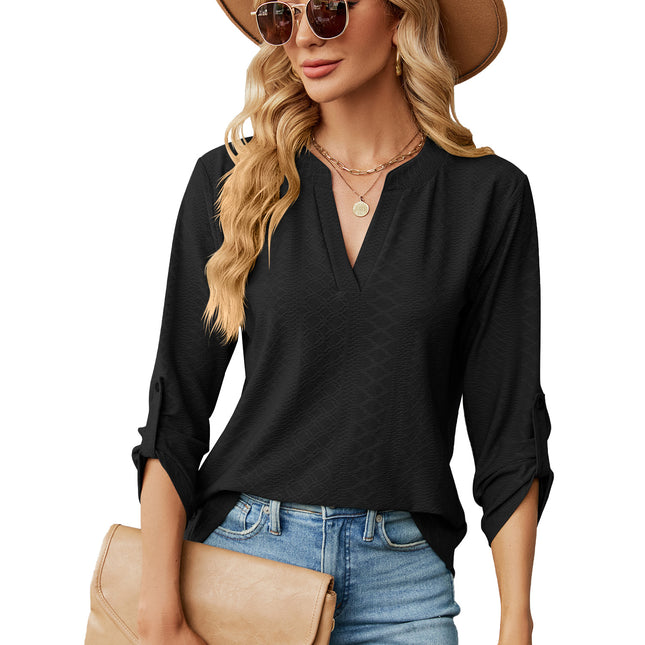 Women's solid color V-neck jacquard buttons seven-minute sleeve T-shirt autumn outwear sweater shirt loose fashion tops