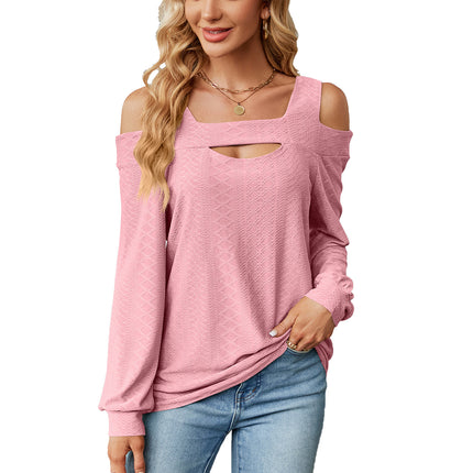 Women's Autumn and Winter Solid Color Hollow Loose Long Sleeve T Shirt Tops (Cold Shoulder) Hollow T-Shirt Tops for Women